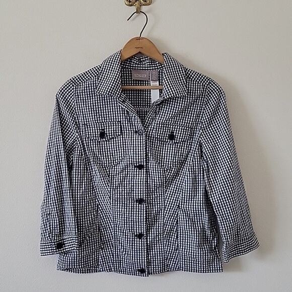 Chico's Black White Gingham Button Front 3/4 Sleeve Shirt Size Small/4 - Picture 1 of 8
